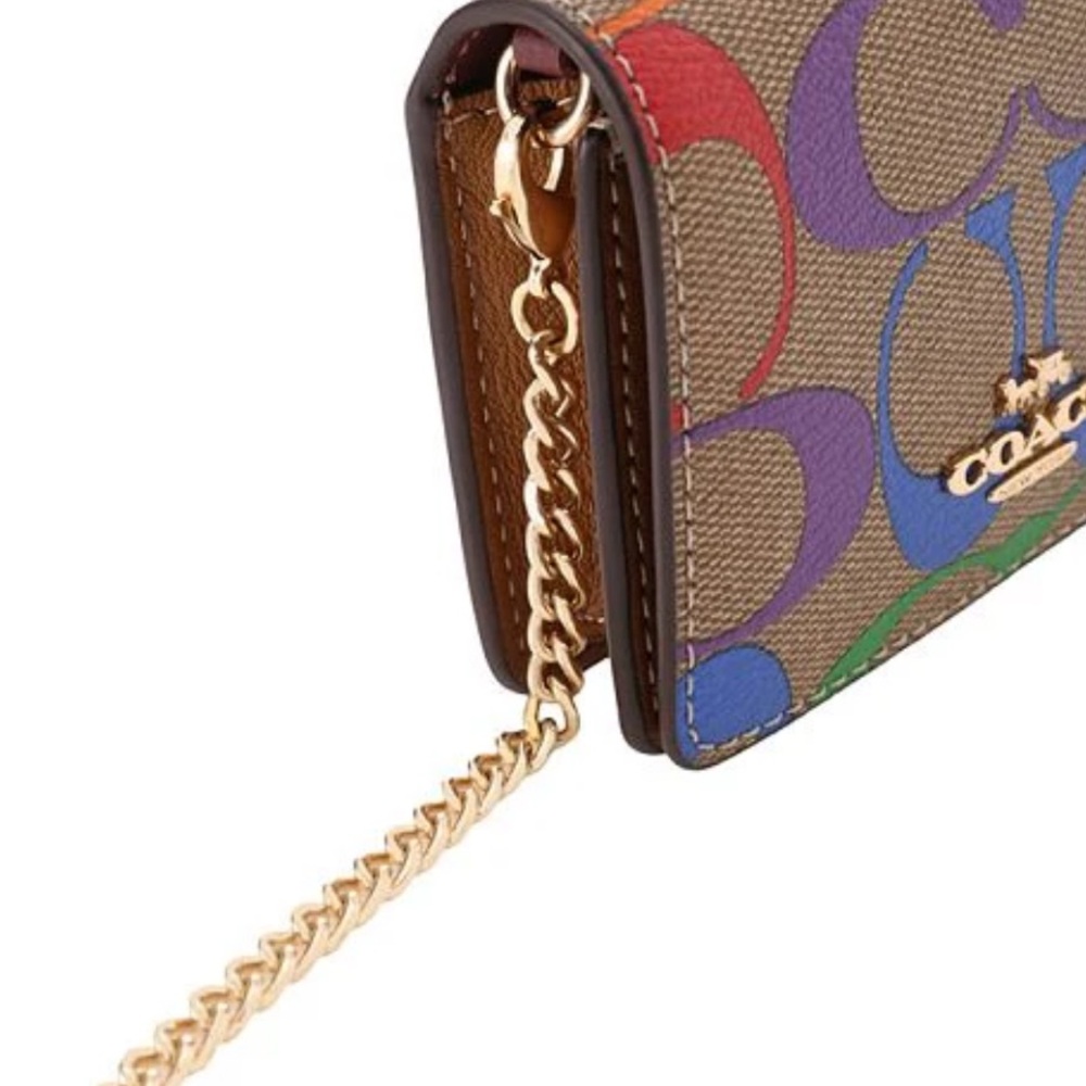 COACH Rainbow Signature canvas convertible mini wallet golden Chain - Picture 9 of 16